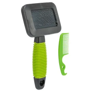 Slickerborstel, kunststof/metalen pinnen, 7 × 13 cm, grijs- groen