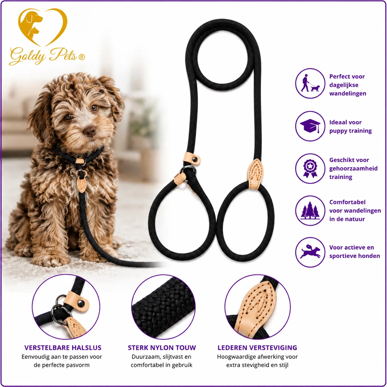 Goldy pets Retriever riem 8mm x 150cm Zwart - Afbeelding 2